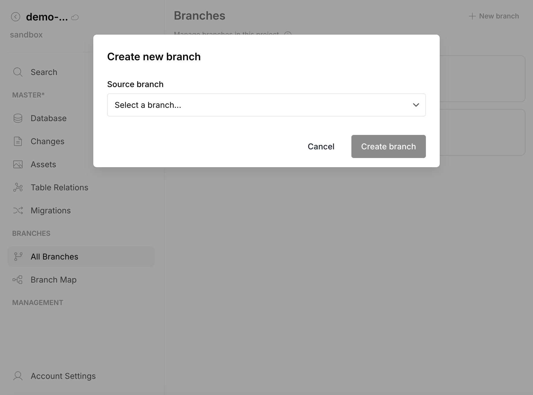 Create new branch dialog — select source branch