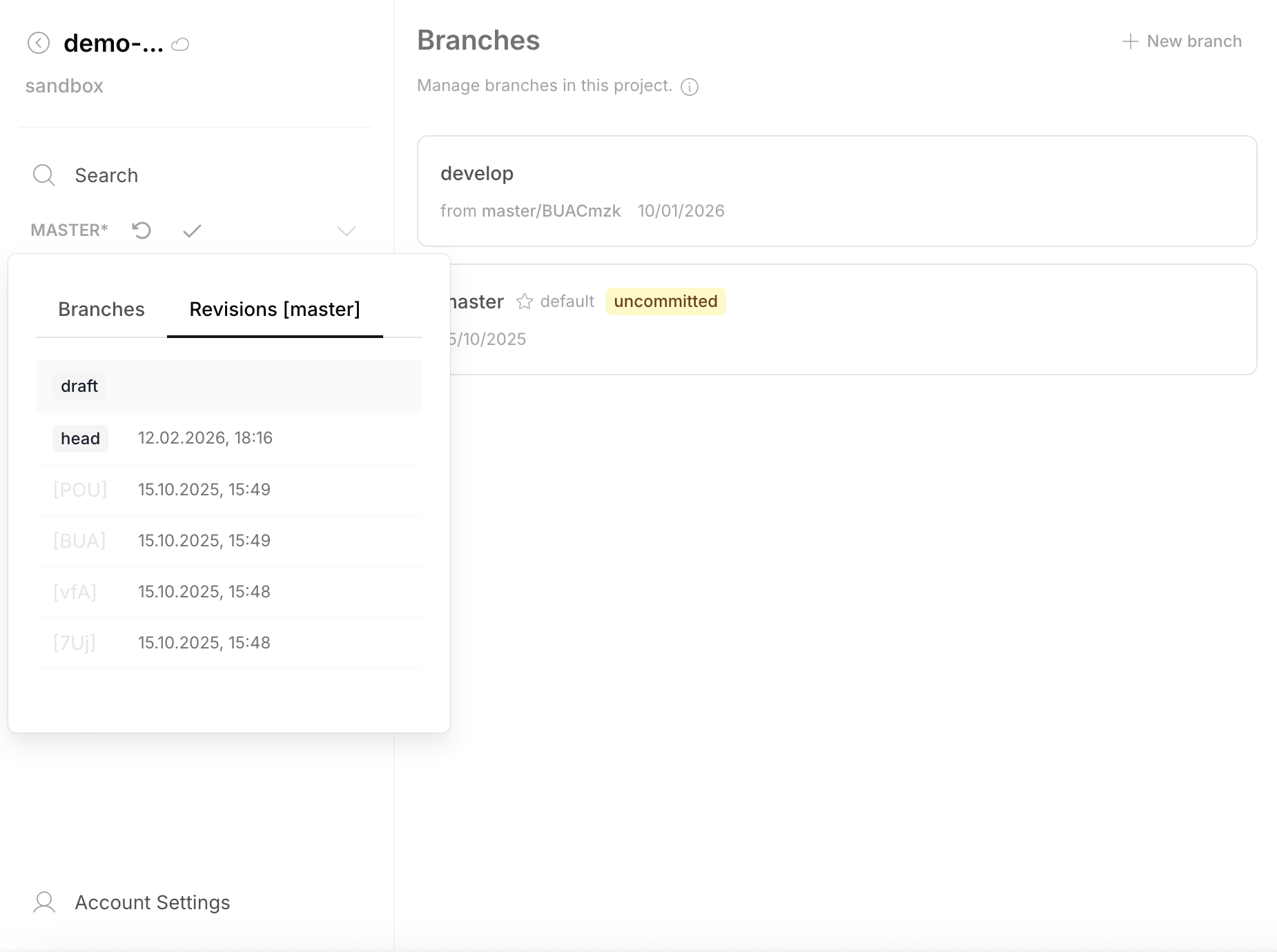 Branches list with revision history — draft, head, and past revisions with timestamps