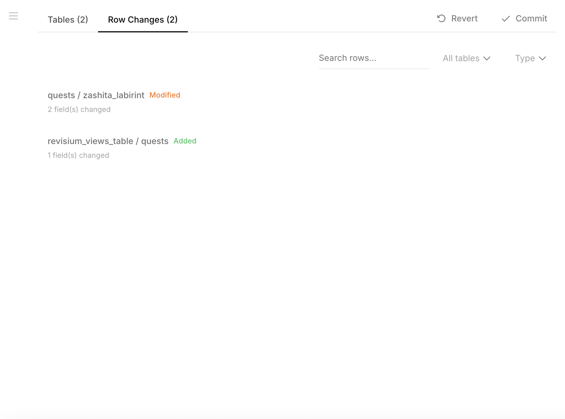 Row Changes list — modified and added rows with search, table filter, and type filter