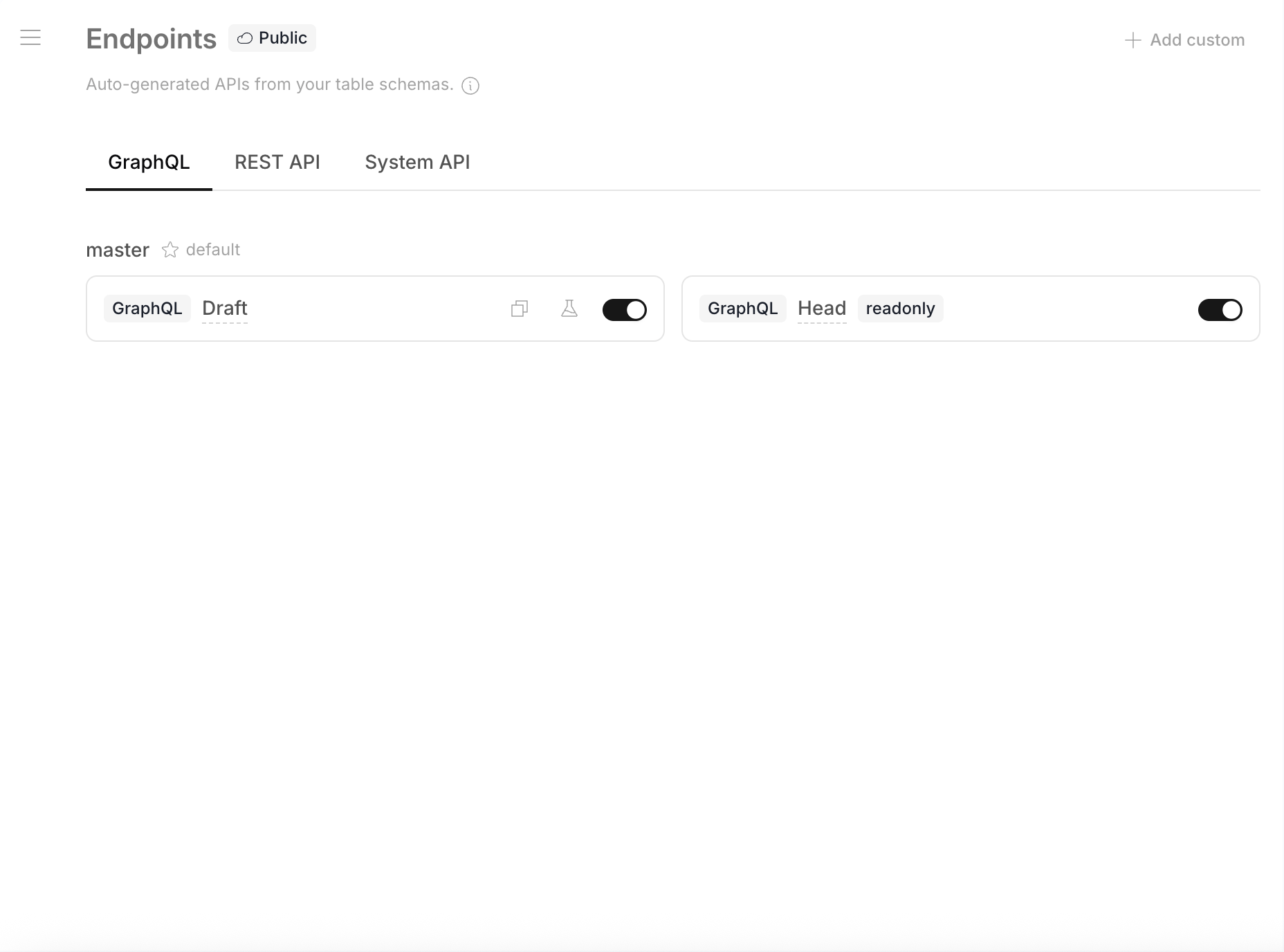 Endpoints page — GraphQL, REST API, and System API tabs with draft and head endpoint toggles