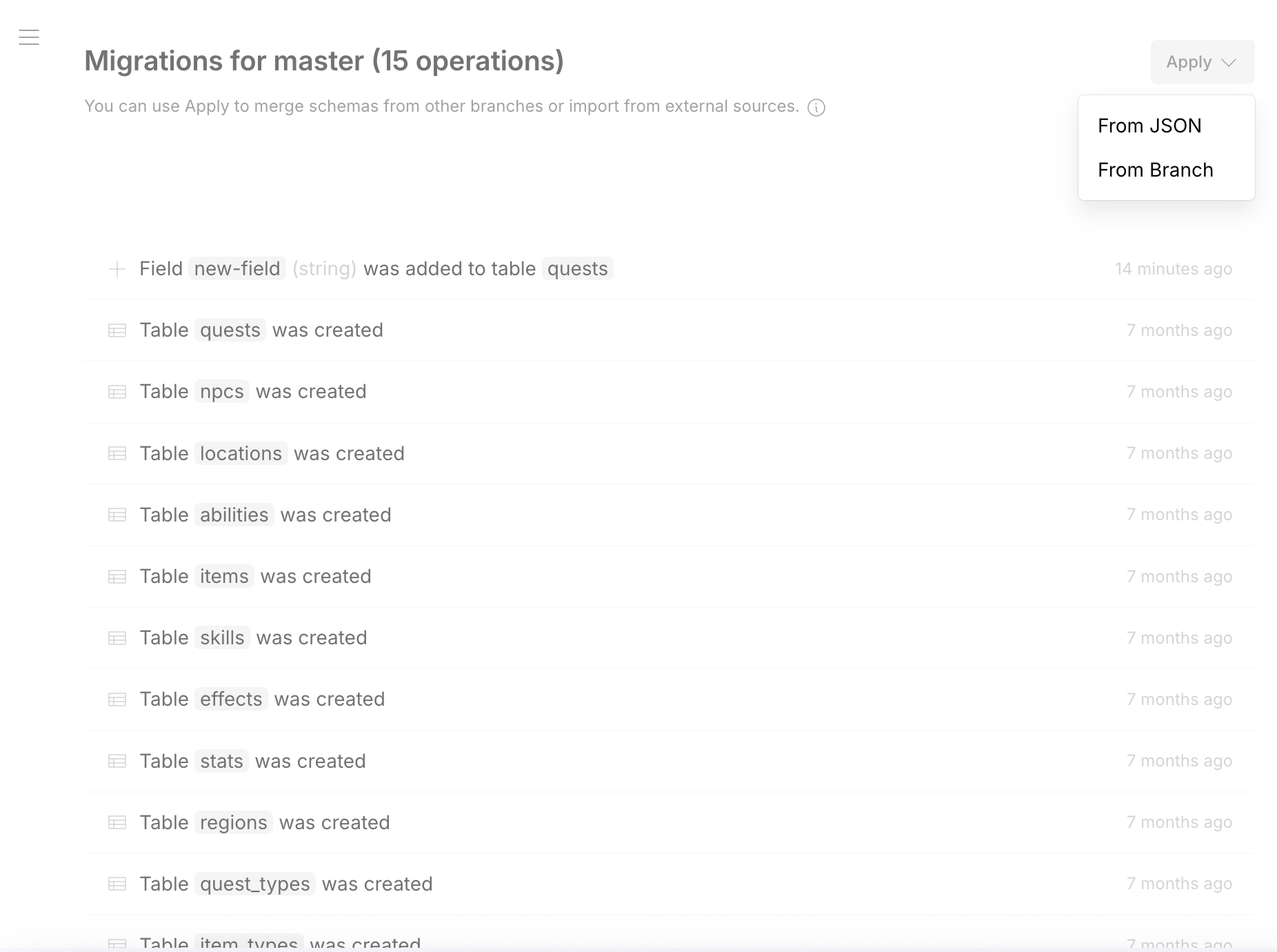 Migrations page — 15 operations history with Apply dropdown (From JSON, From Branch)