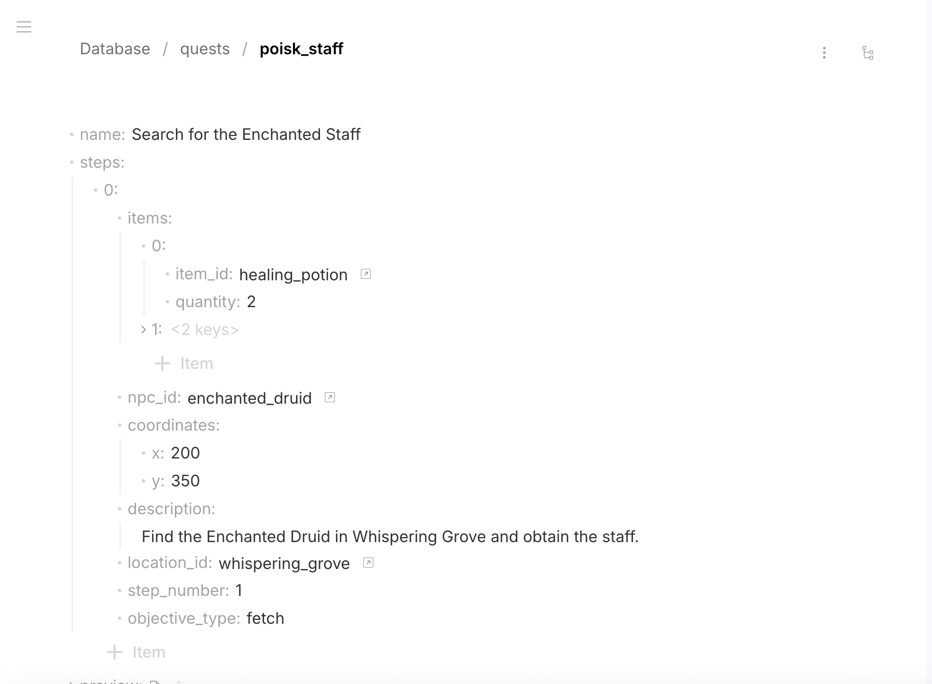 Row Editor form view — nested objects, arrays, FK references, coordinates, and file preview