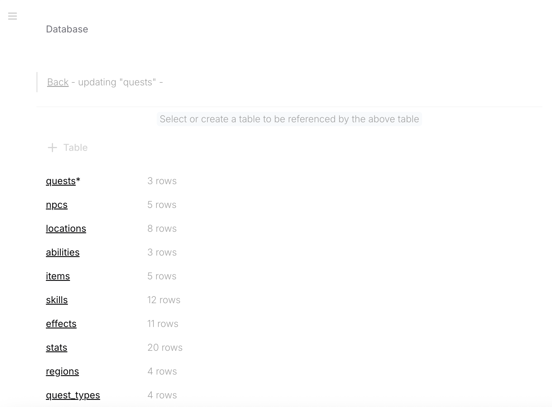 Foreign Key — selecting target table from list of available tables