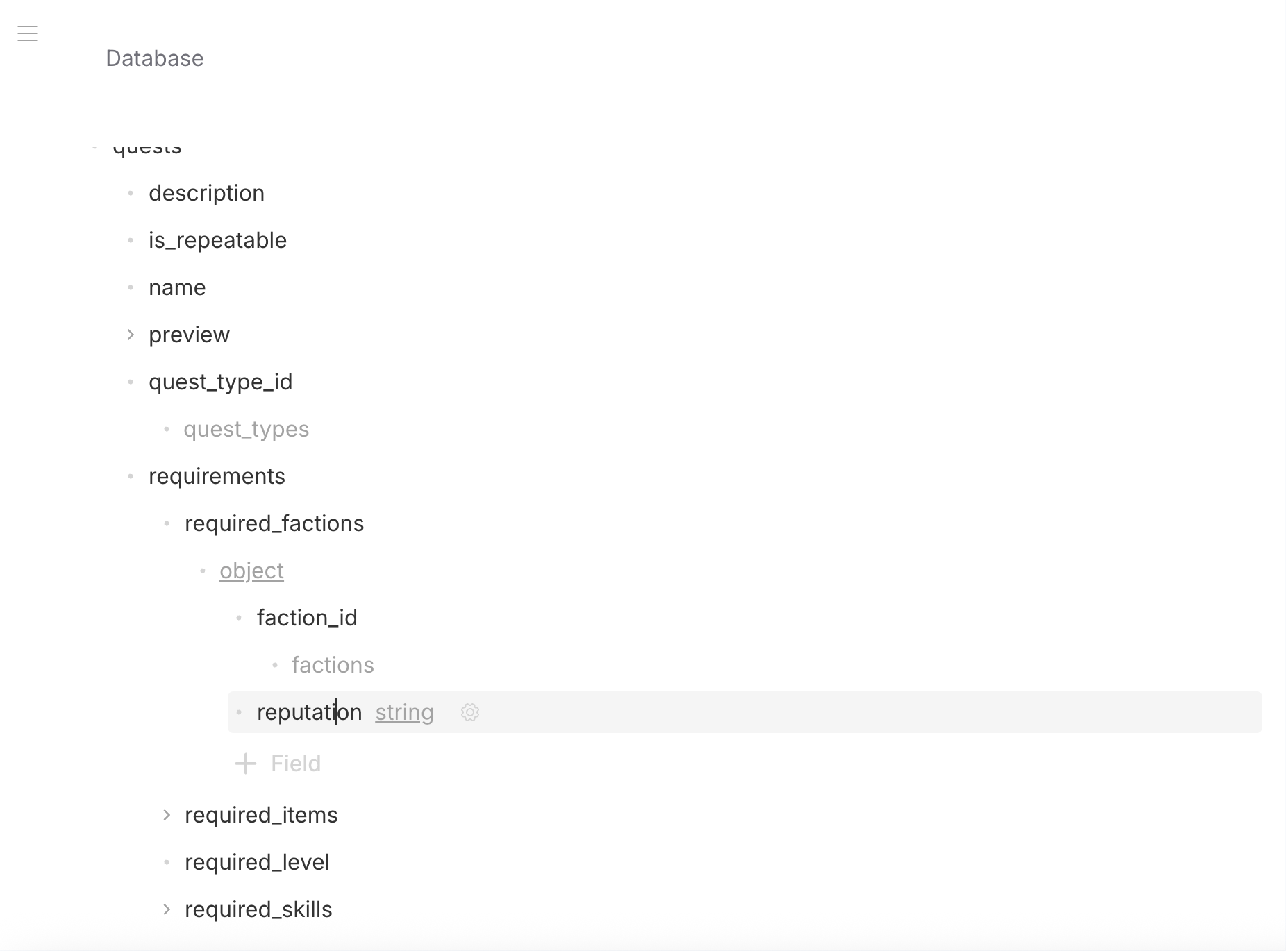 Nested object editing — sub-fields inside nested object with breadcrumb navigation