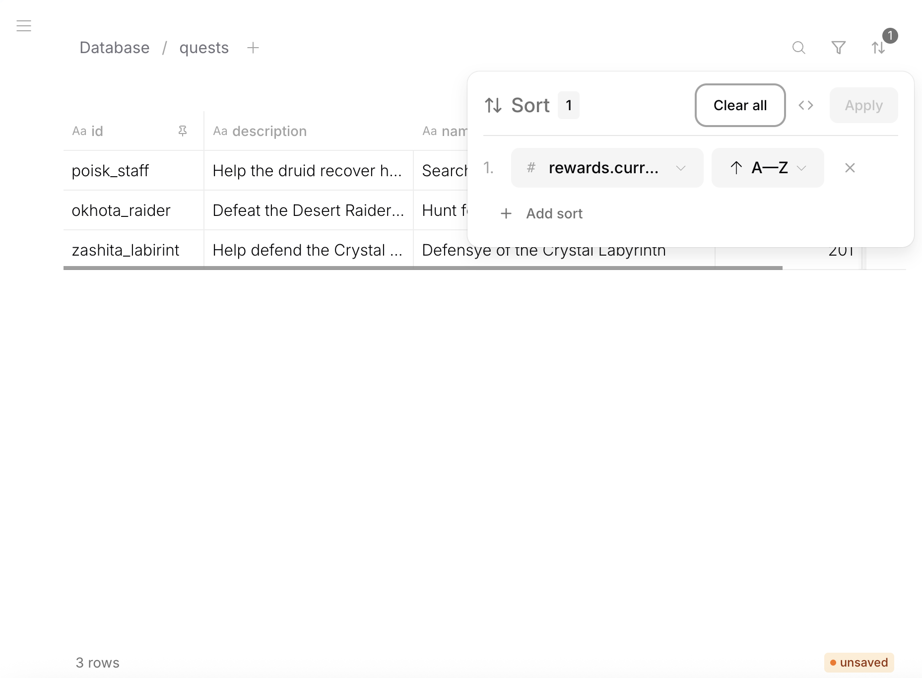 Sort dialog — sorting by rewards.currency ascending with Add sort option