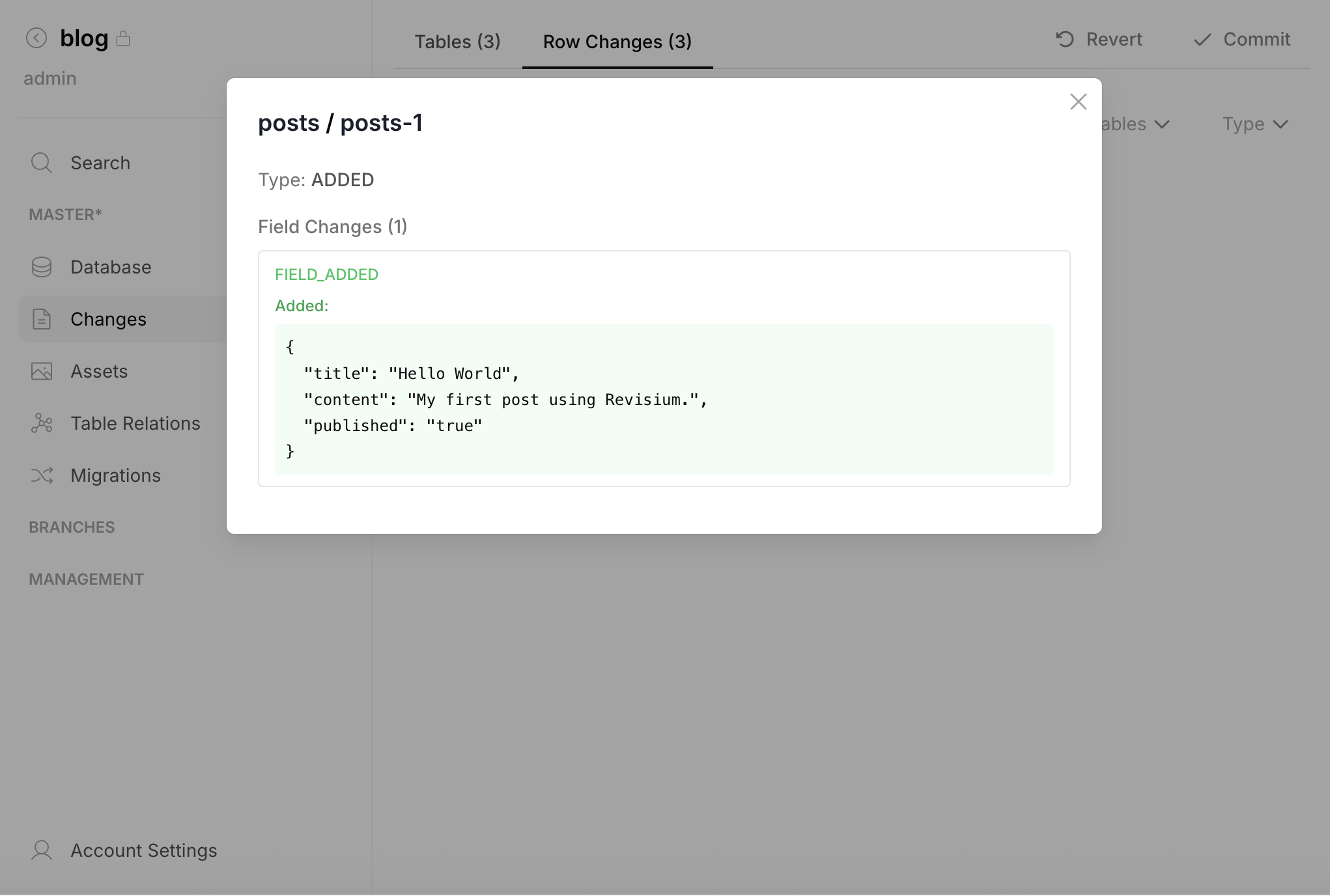 Row change detail — field-level diff showing added data
