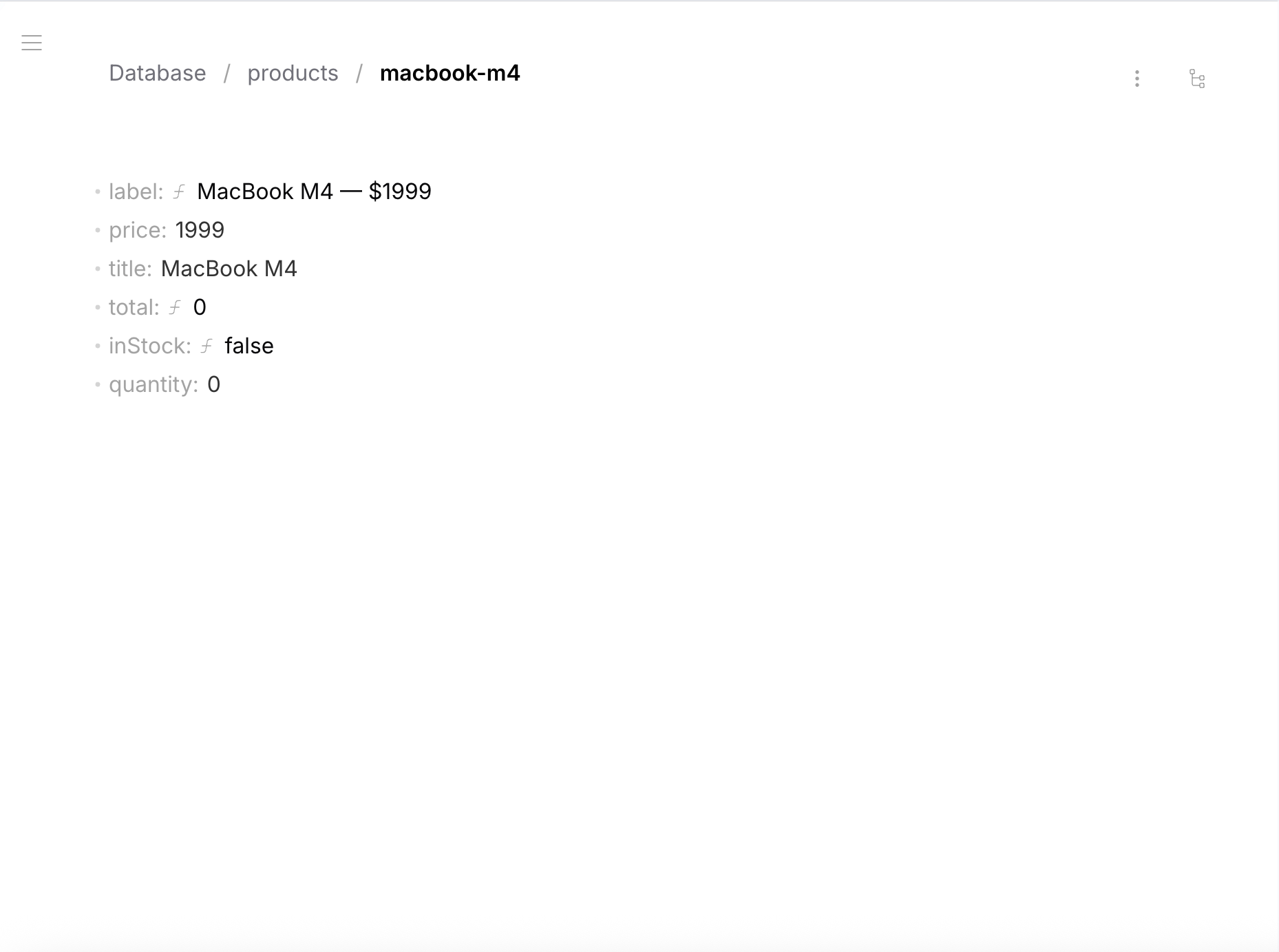 Row Editor — MacBook M4 with computed label, total, inStock showing formula icons