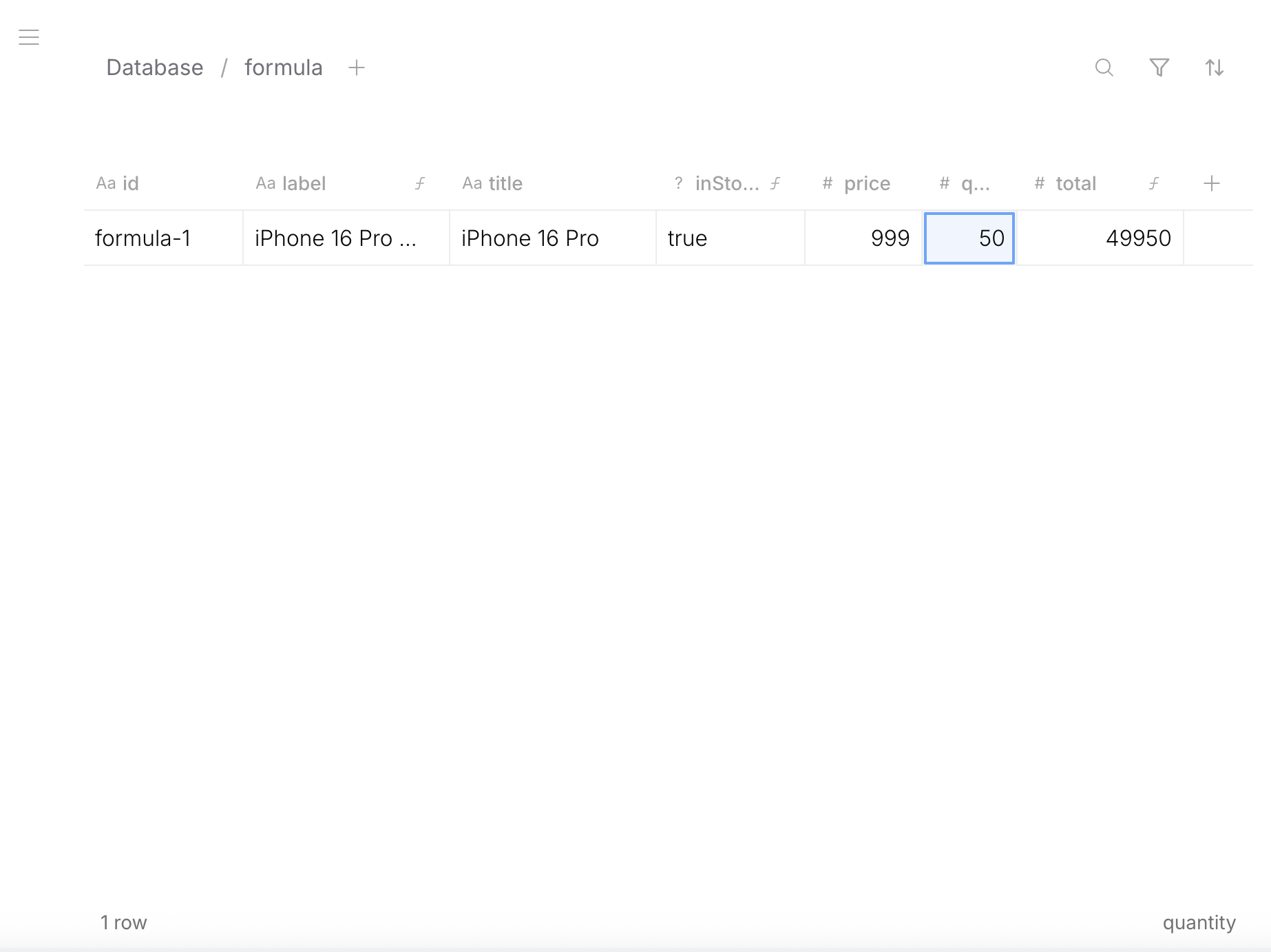 Computed fields in table — label, inStock, total calculated automatically