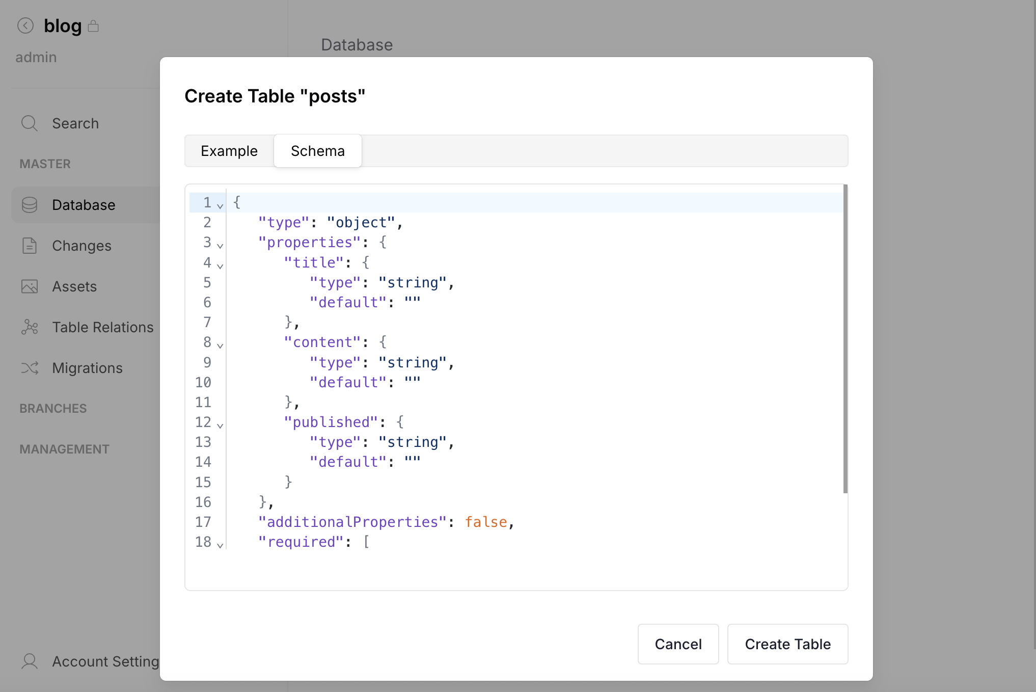 Create Table review — JSON Schema