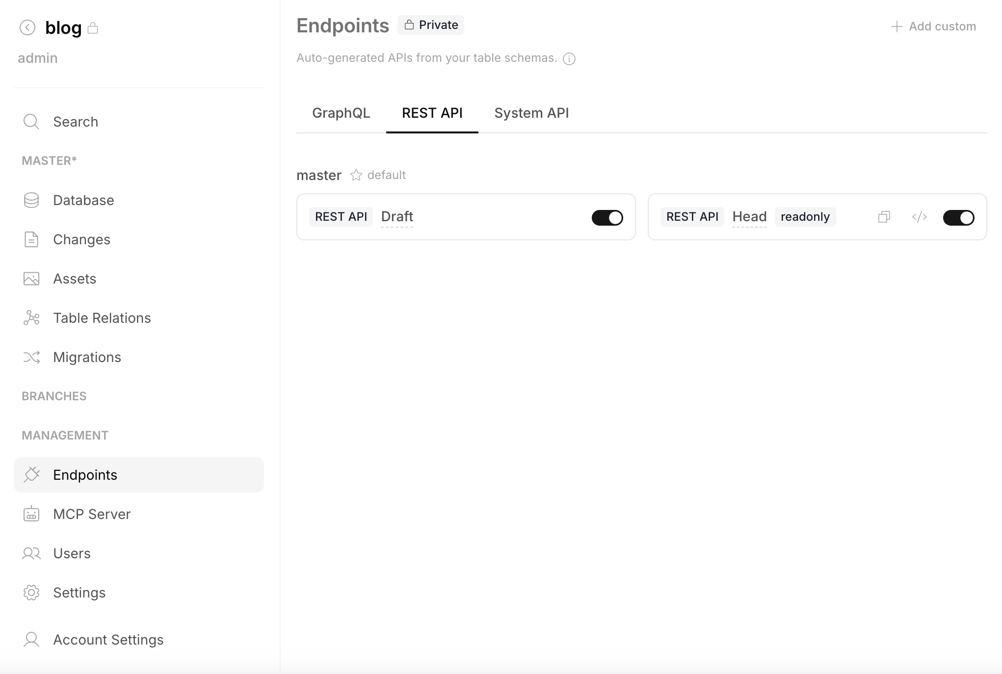 Endpoints enabled — Draft and Head toggles on, with copy URL and Swagger buttons