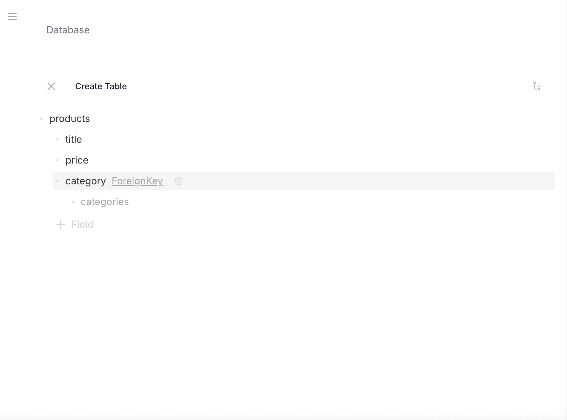 Schema Editor — foreign key field category pointing to categories table