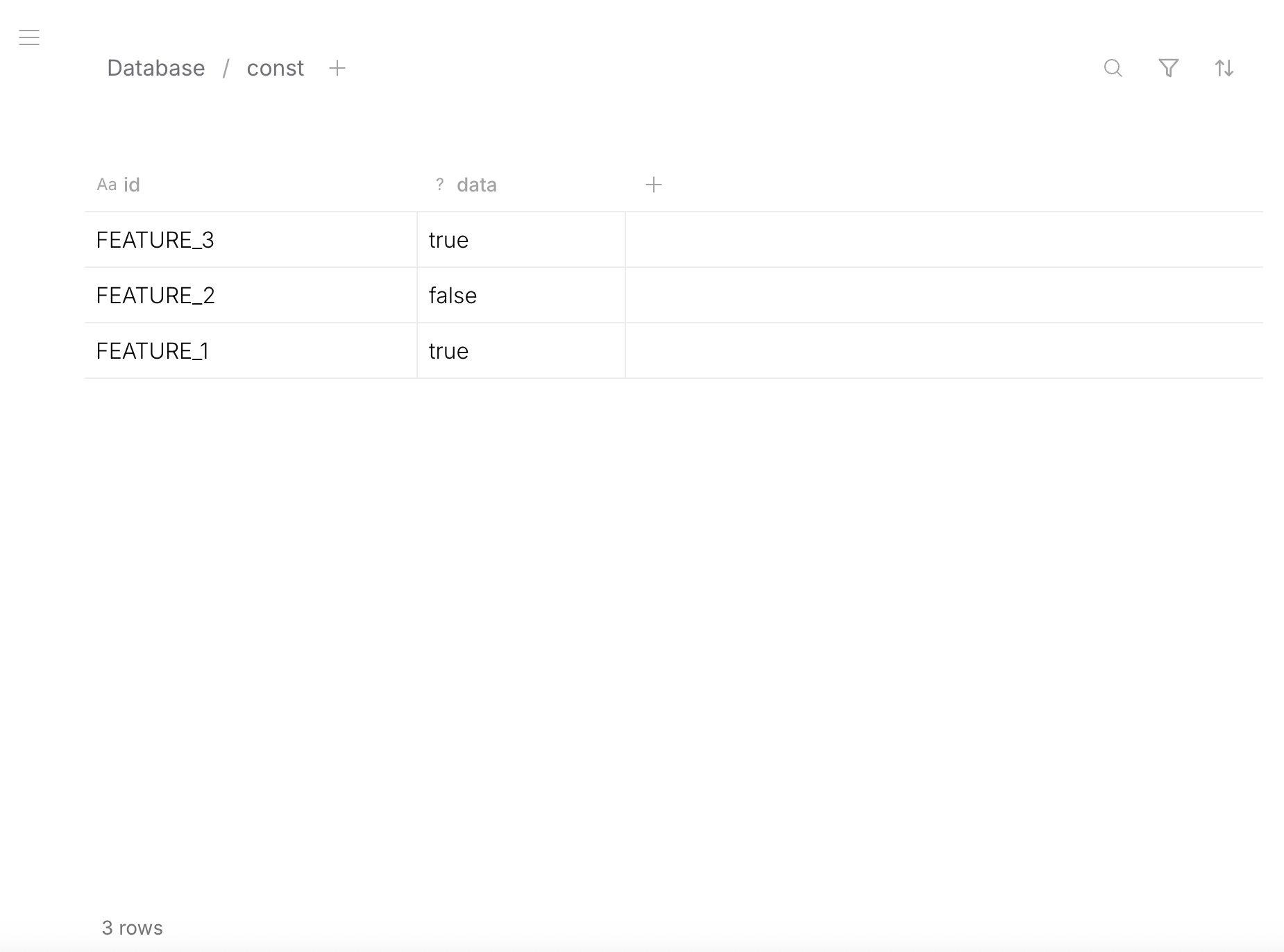 Root primitive — feature flags table with boolean values per row