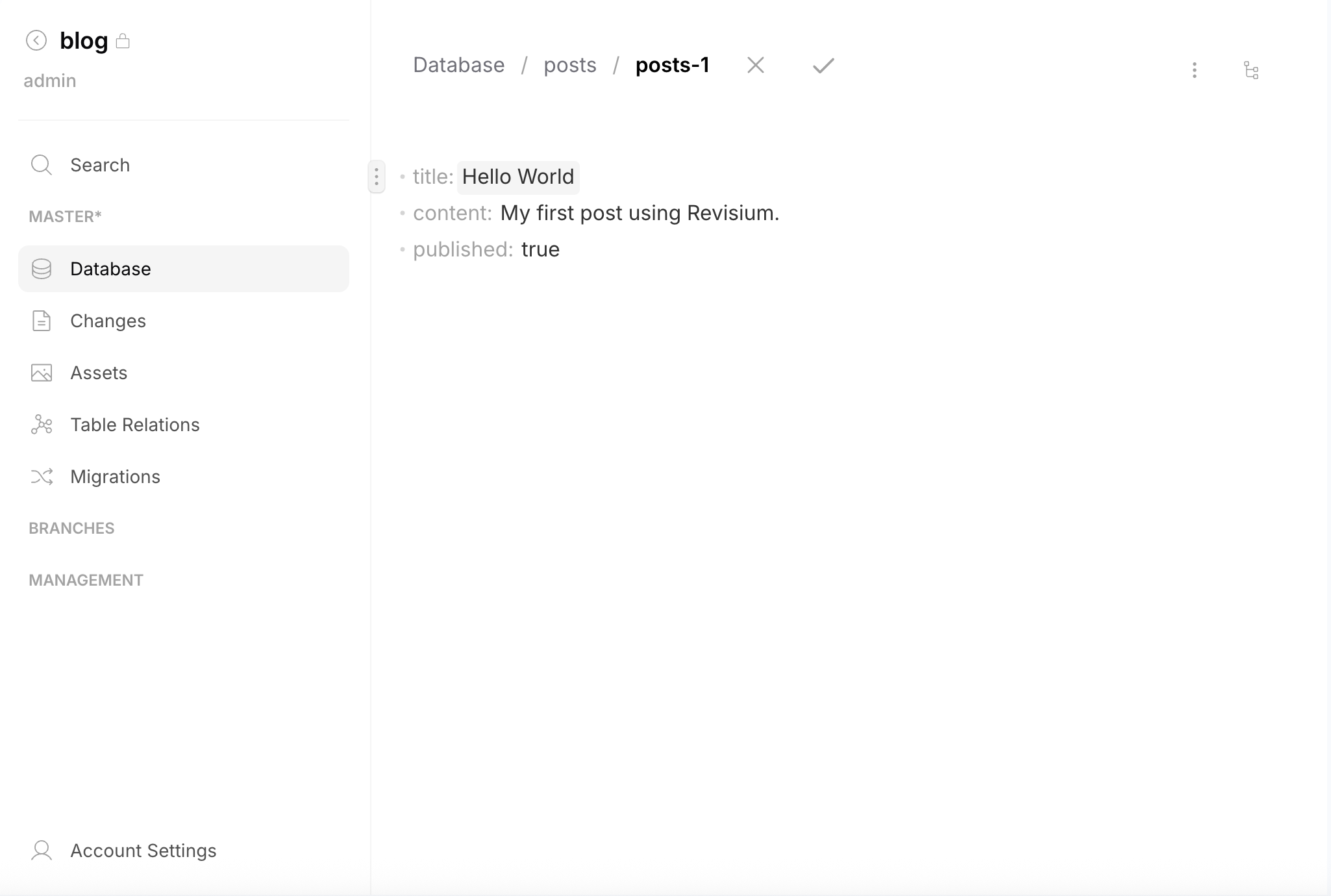 Creating a new row — filling in title, content, and published fields