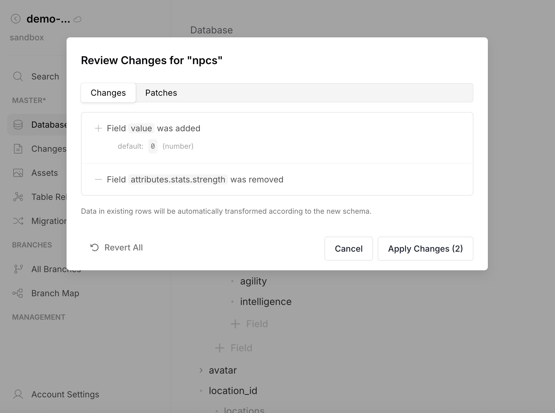 Schema Evolution — review changes before applying (field added, field removed)