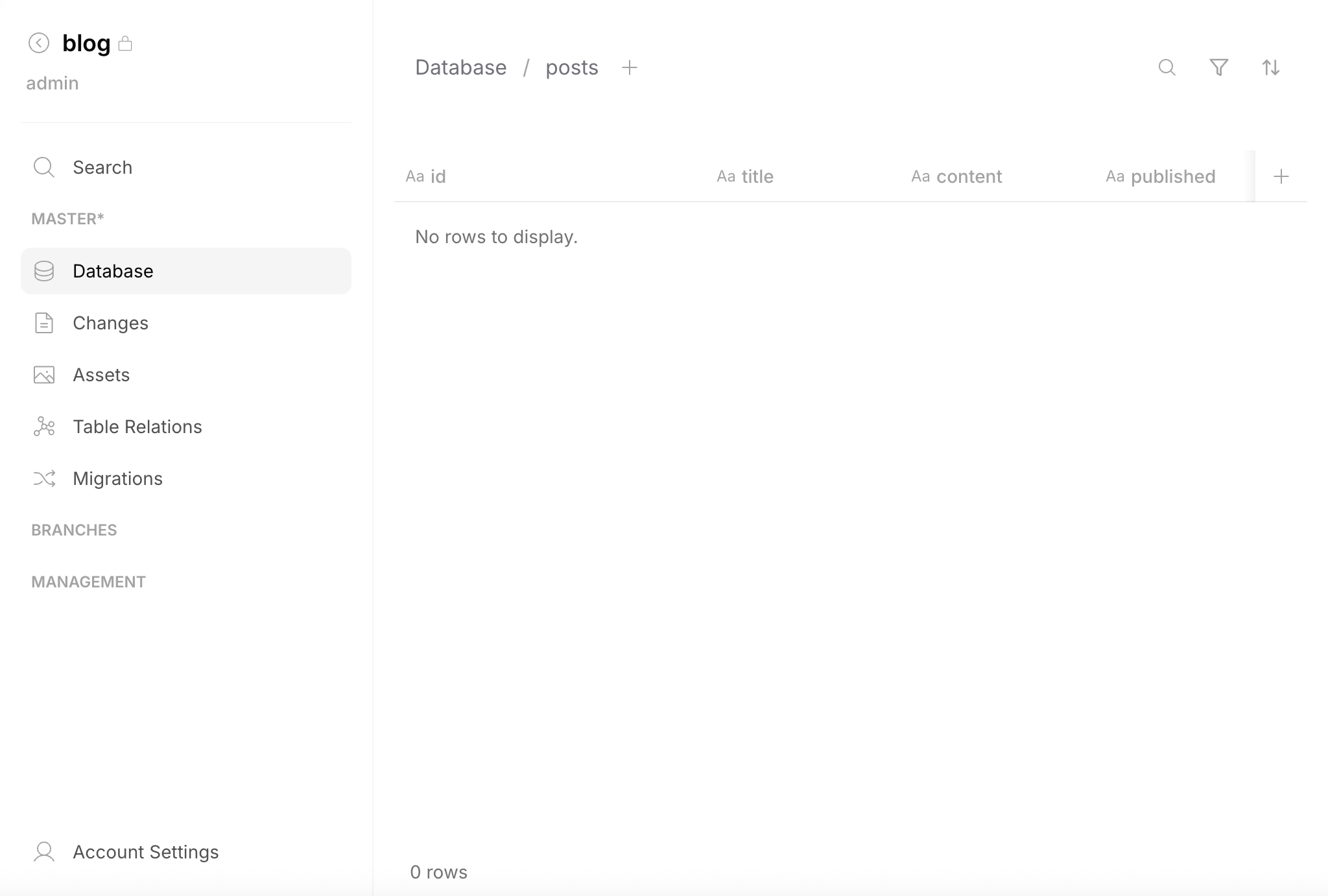 Empty posts table — ready to add rows